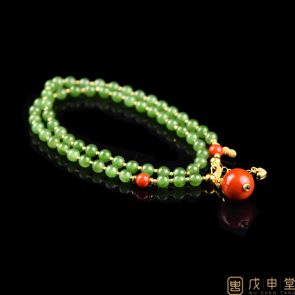 戊申堂【烟柳含翠】银鎏金碧玉项链50cm 送14m南红珠配银链国风珠宝