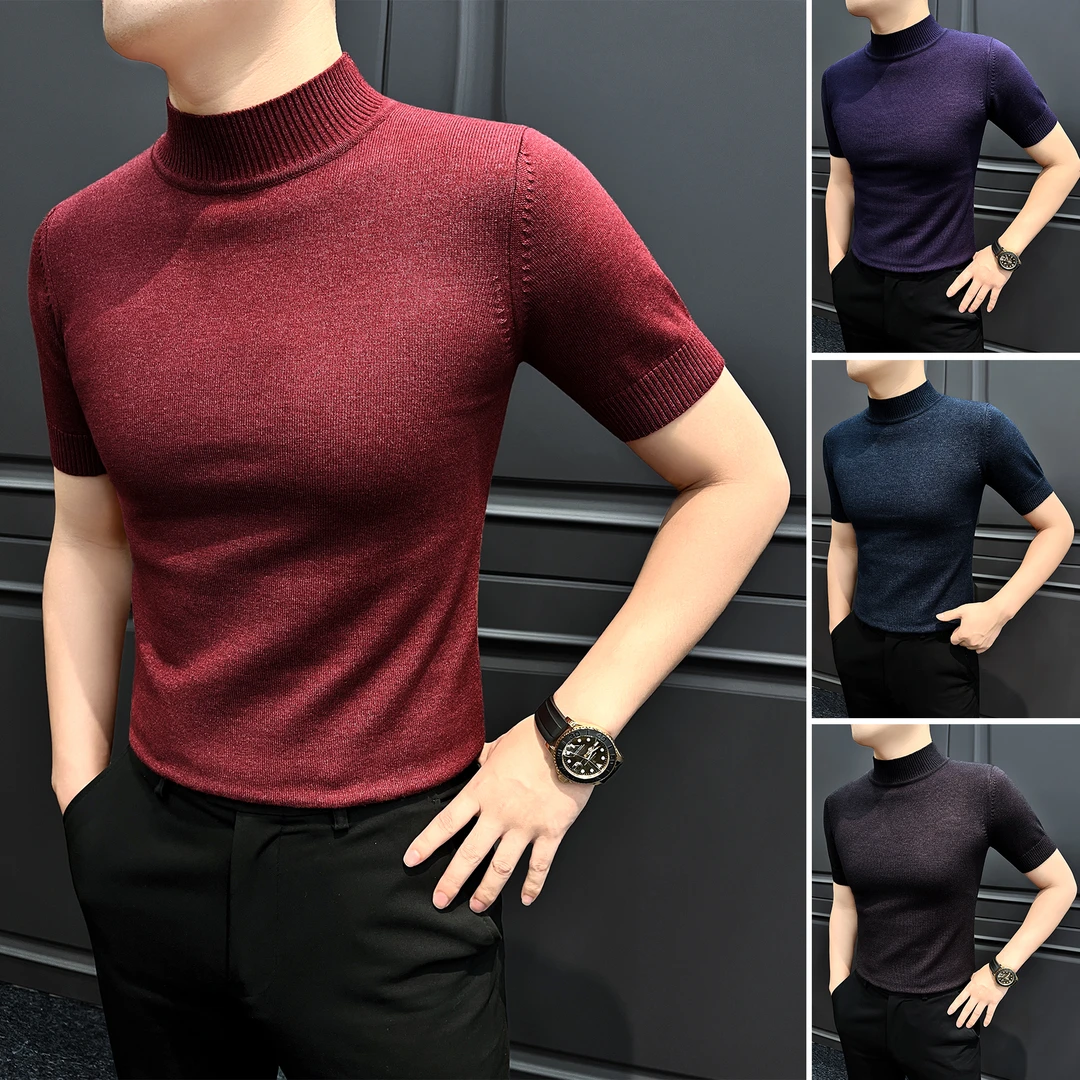 莫代尔半高领短袖打底衫男款2025新款抗起球休闲秋季男士弹力T恤