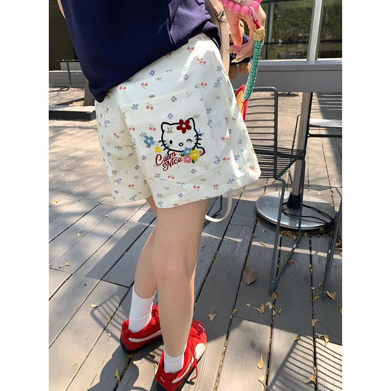 雪千羽夏日穿搭可爱猫短裤女夏小个子高腰宽松休闲直筒阔腿裤外穿