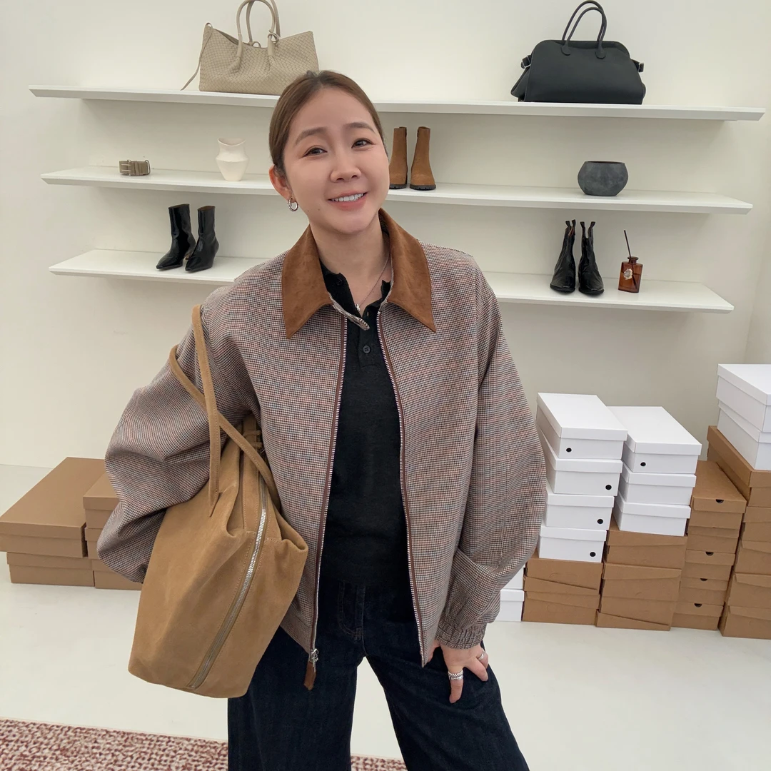 widelia陈魅儿2025秋季新款 千鸟格翻领复古格子拉链短外套812225