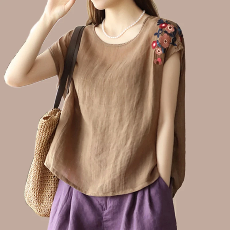 高端亚麻棉麻短袖T恤女士夏季大码妈妈时尚洋气无袖背心苎麻上衣