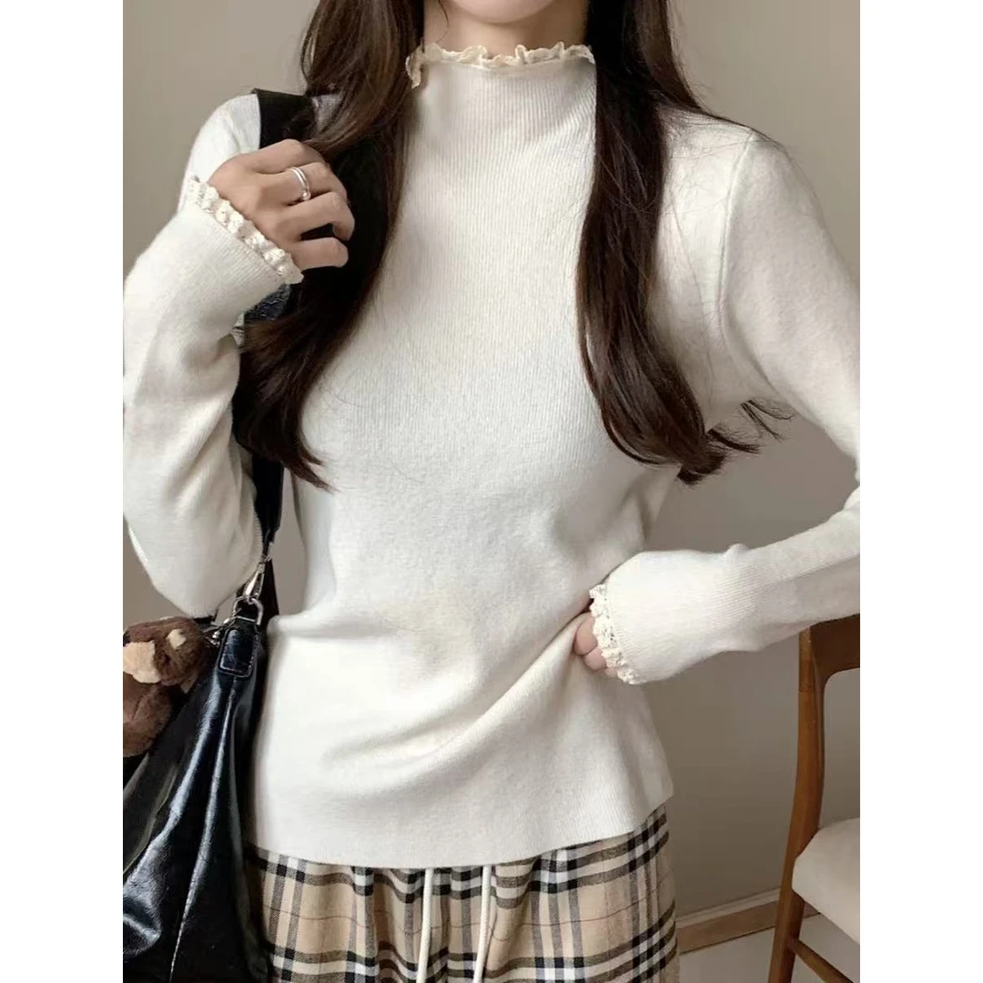 3763 GZG1蕾丝木耳边心机半高领长袖打底衫女