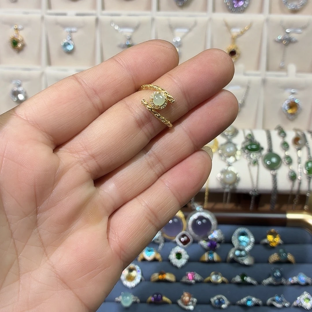 翡翠银S925镀金镶嵌戒指