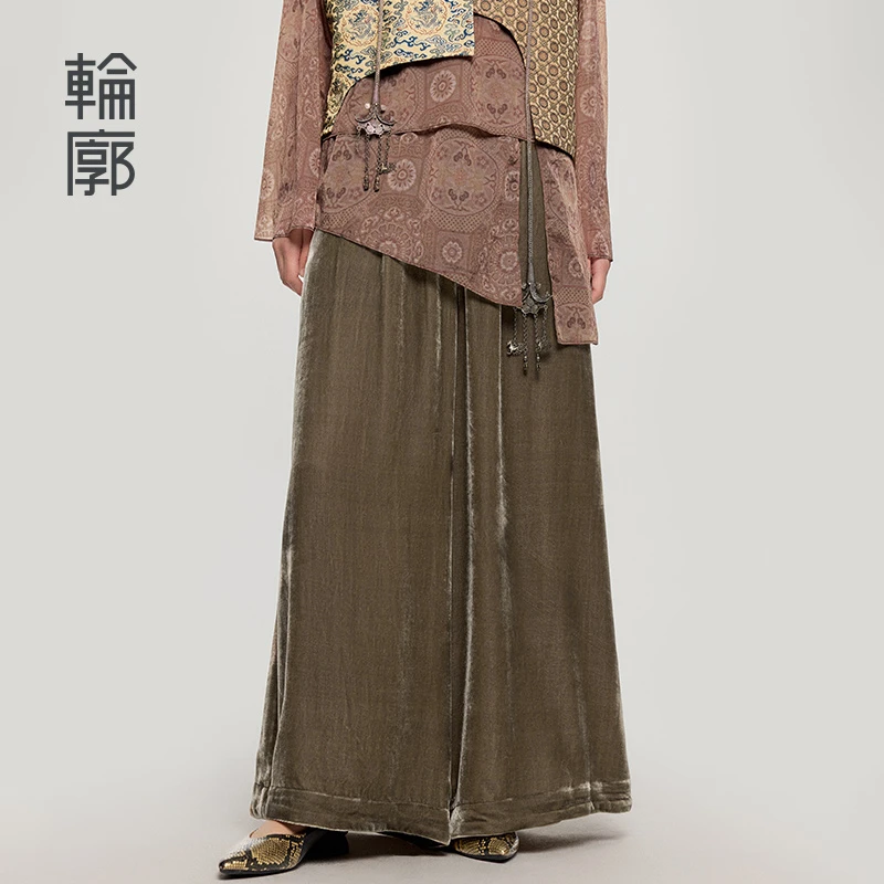 轮廓烟霞国风新中式百搭休闲裤琥珀流光复古提花阔腿裤咖L251K008