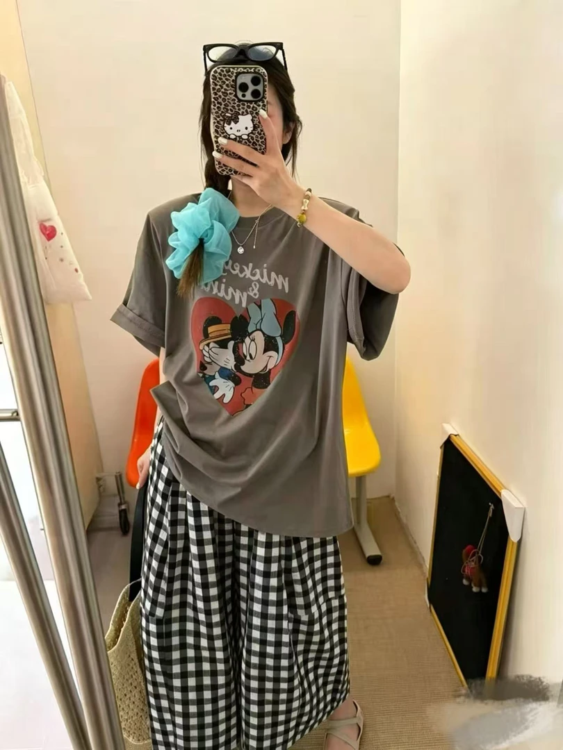 TX.韩系复古格子阔腿八分裤➕米奇米妮爱心短袖宽松版1005/99655