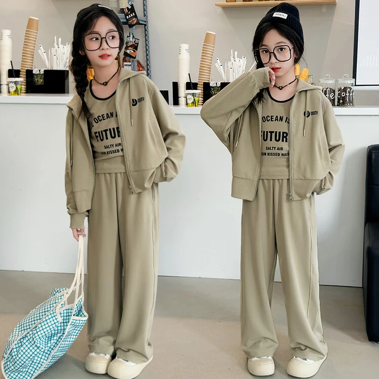 女童卫衣套装春秋2025新款儿童休闲炸街女孩中大童外套秋装三件套