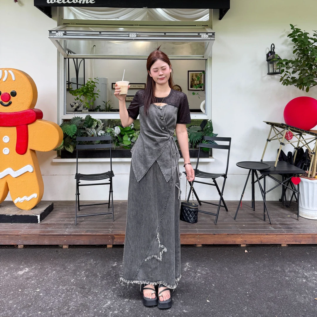 敏敏&南岛风大码假两件牛仔绑带短袖上衣女夏显瘦半裙套装ZZM53