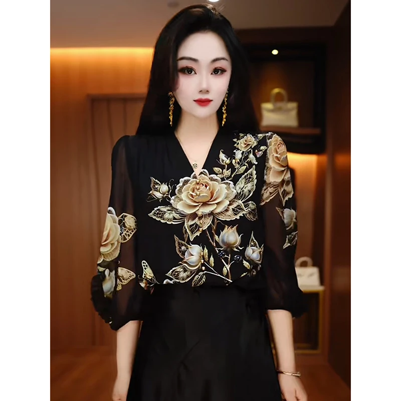 中年妈妈春秋2025年新款网纱印花小衫上衣气质遮肉显瘦长袖衬衫女