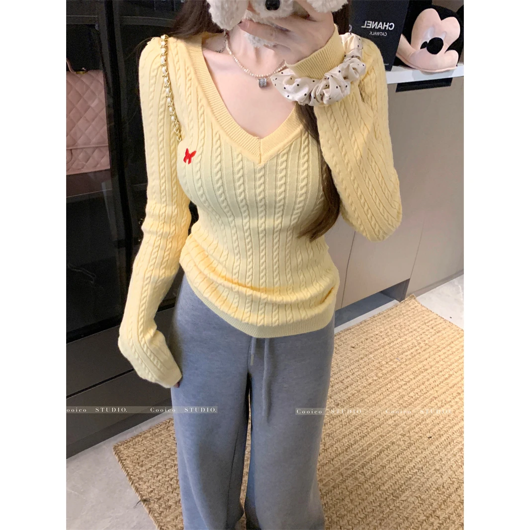 韩系chic复古刺绣长袖针织衫女春秋新款修身短款v领气质绝美上衣