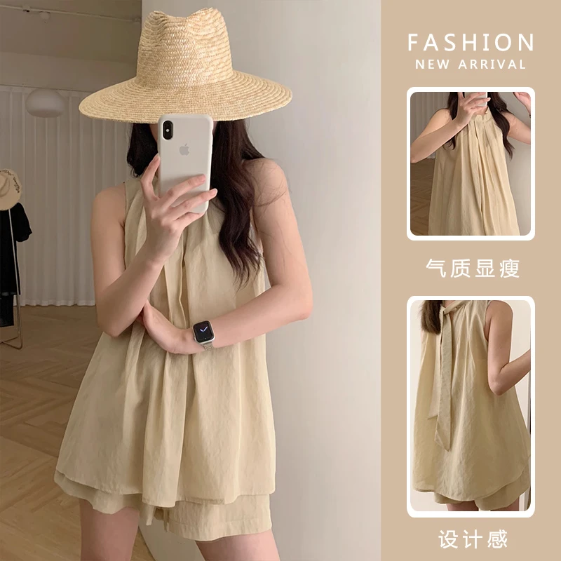 孕妇两件套装新款夏季清爽设计感背心无袖上衣宽松遮肚+抽绳短裤