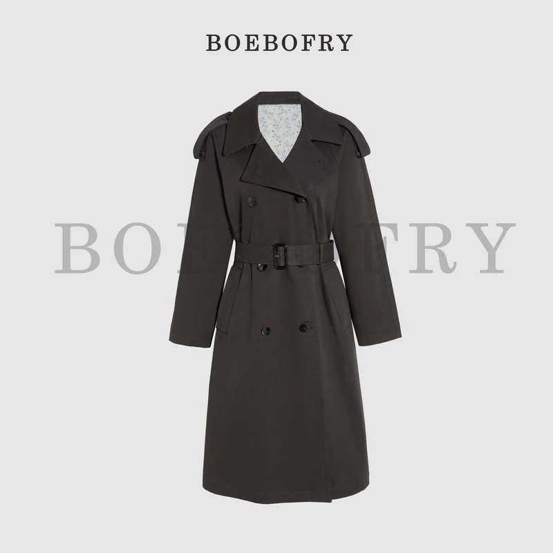 BOEBOFRY<雨落星河>100%棉法式复古简约收腰中长风衣外套BE3F0834