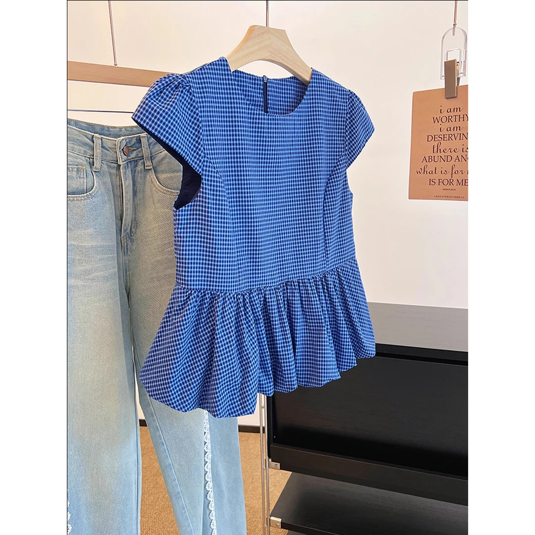 美爆了！巨喜欢这件！蓝色格子衬衫夏季收腰显瘦小个子蓬蓬花苞裙女