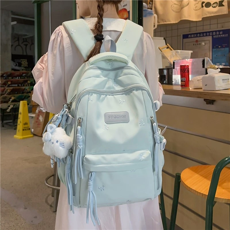 简约纯色双肩包女新款大容量初中生学生书包高中背包大学生电脑包