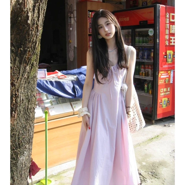 别致超仙紫色挂脖无袖吊带连衣裙女夏季显白氛围感超好看A字长裙
