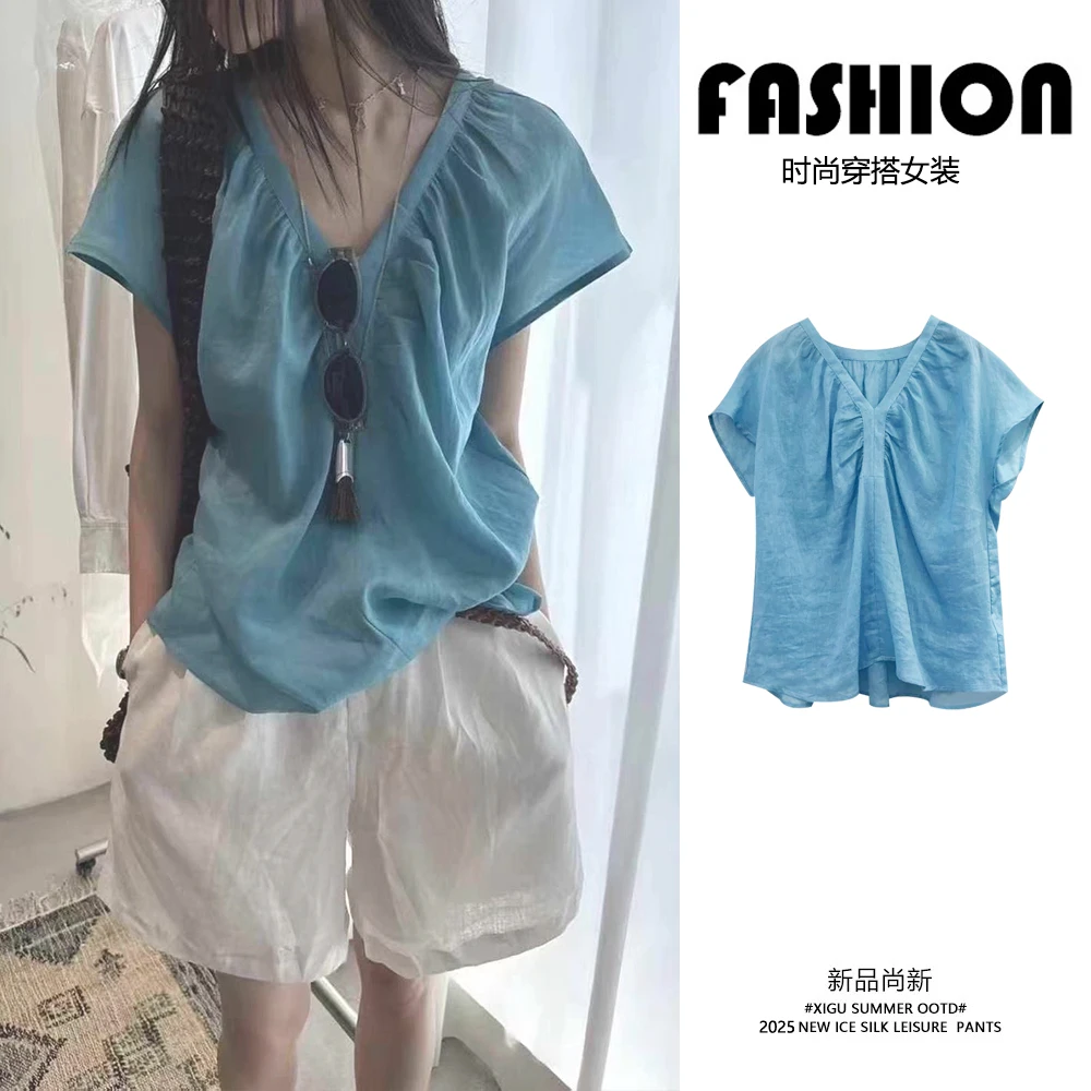 复古港风日系夏季飞飞袖衬衣新款设计感显瘦V领宽松衬衫小衫上衣