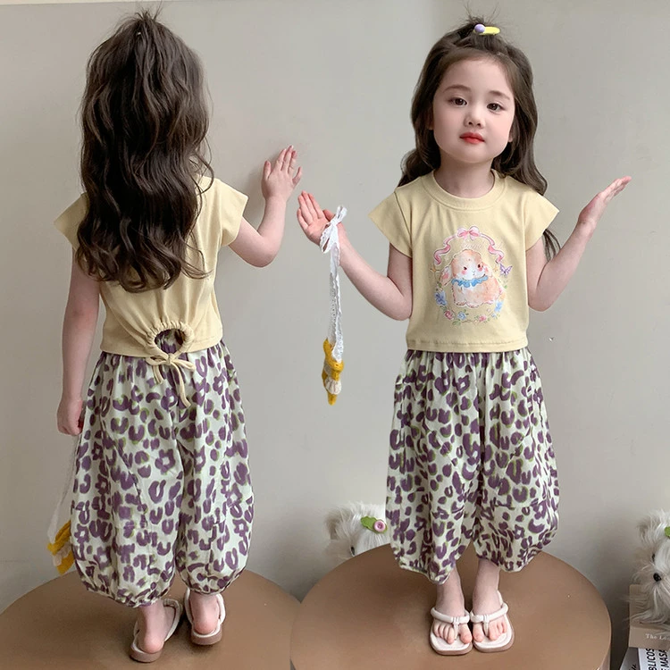 女童夏日新款卡通奶黄色小兔印花豹纹裤套装