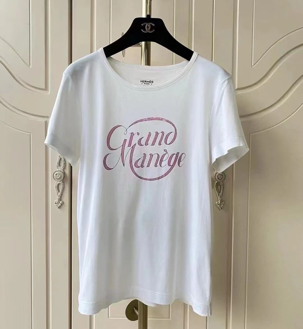 95新 Hermes/爱马仕 蔚蓝中古/ 粉色字母白色T恤  36码