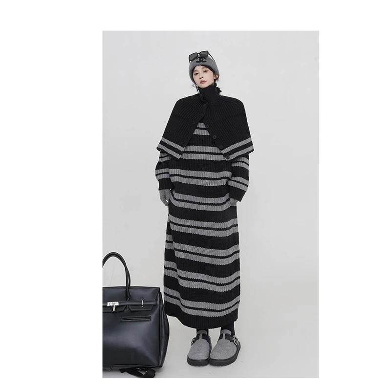 【斯塞故事】冬季条纹过膝连衣裙女中长款宽松遮肉毛衣裙