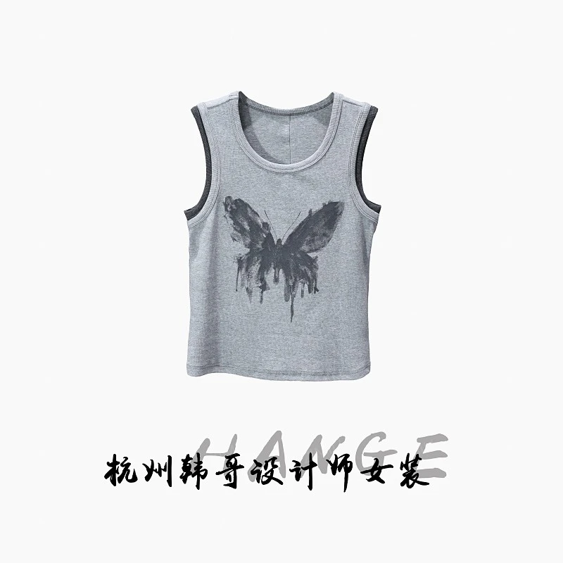 【韩哥女装】2025欧版小众设计师花灰色水印休闲高弹背心9295-C2
