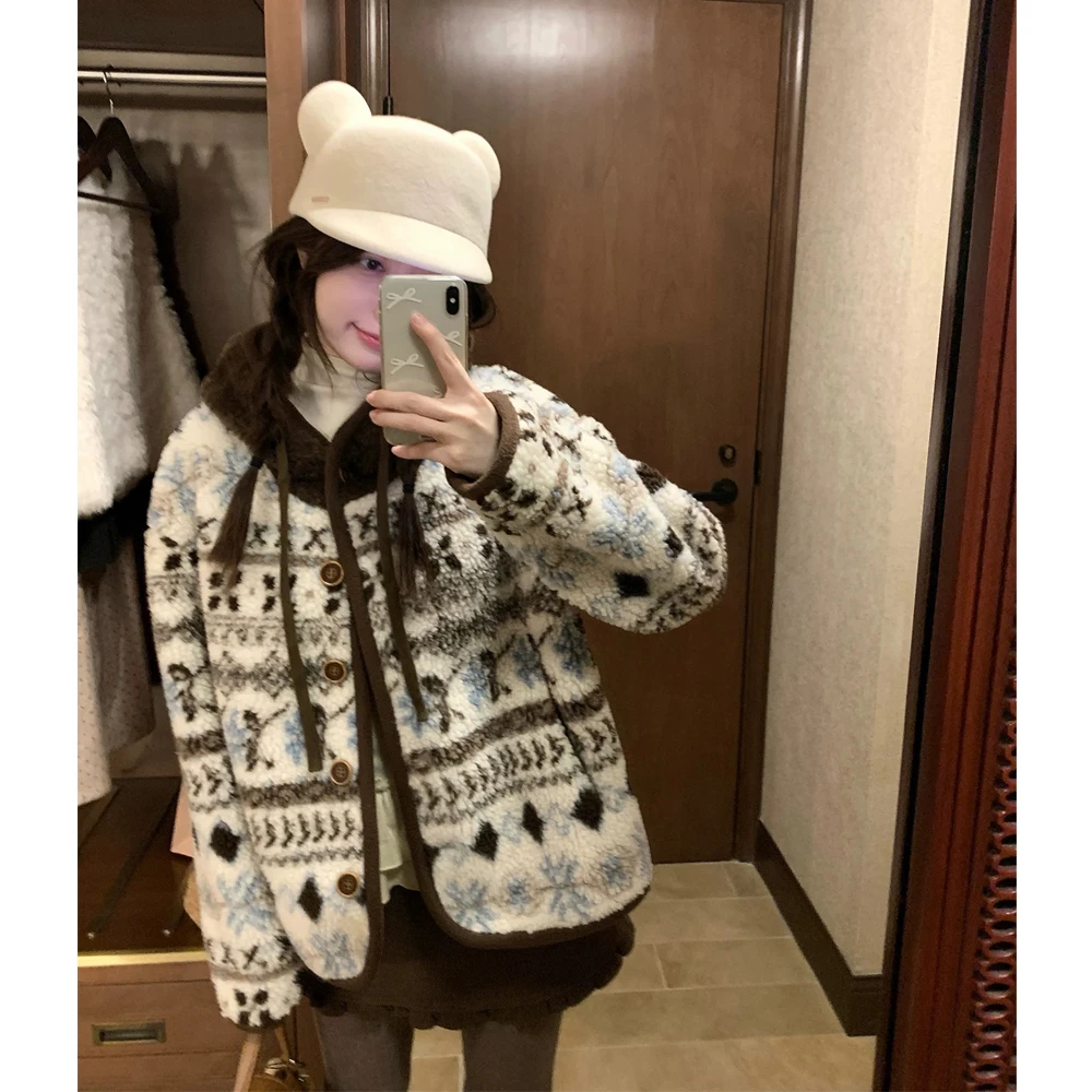费尔岛仿羊羔毛外套女2025冬季新款连帽百搭保暖毛毛夹棉外套
