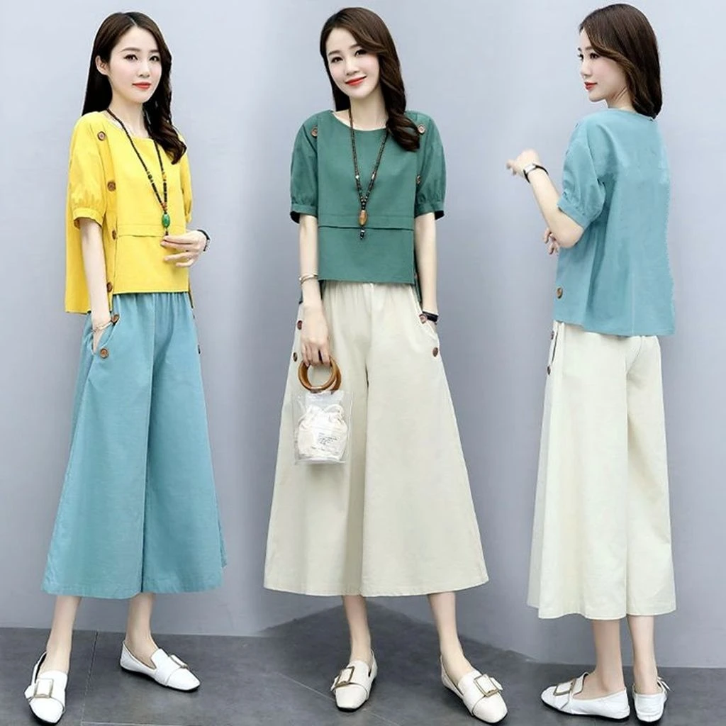 新款套装女2025新款女装夏季两件套裤遮肚显瘦阔腿裤休闲时尚套装