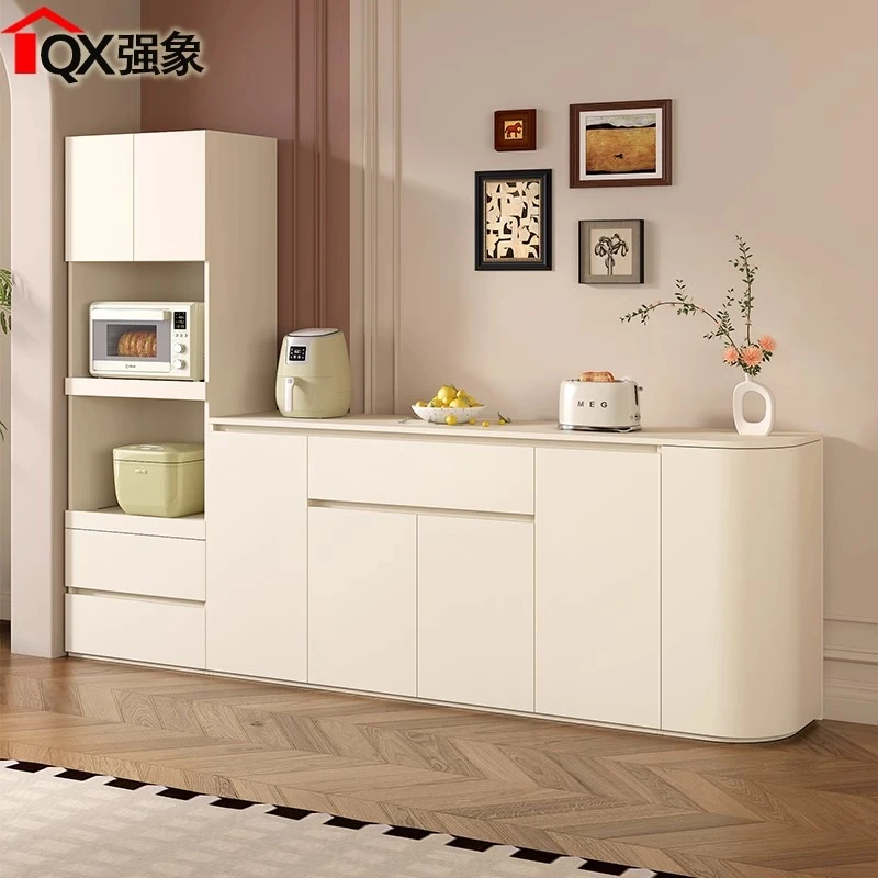 奶油风圆弧餐边柜靠墙一体组合收纳厨房储物柜客厅置物柜定制G389