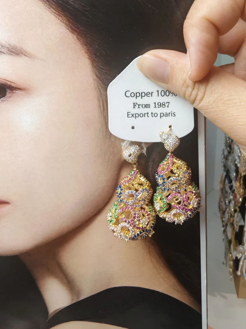 铜合金锆石耳饰 古法花丝鎏彩彩虹葫芦耳环七彩葫芦福禄锆石耳坠