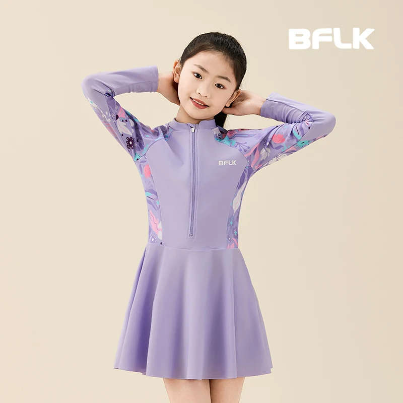 BFLK2025新款泳衣儿童女款公主风长袖裙式分体泳衣女大码带胸垫