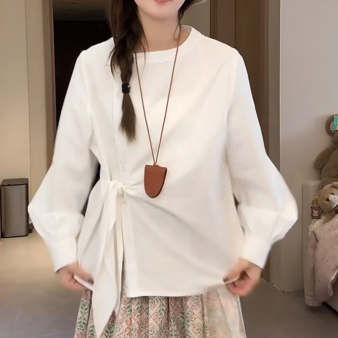 春夏新款不规则绑带衬衫女设计感宽松通勤圆领长袖衬衣LK2501525