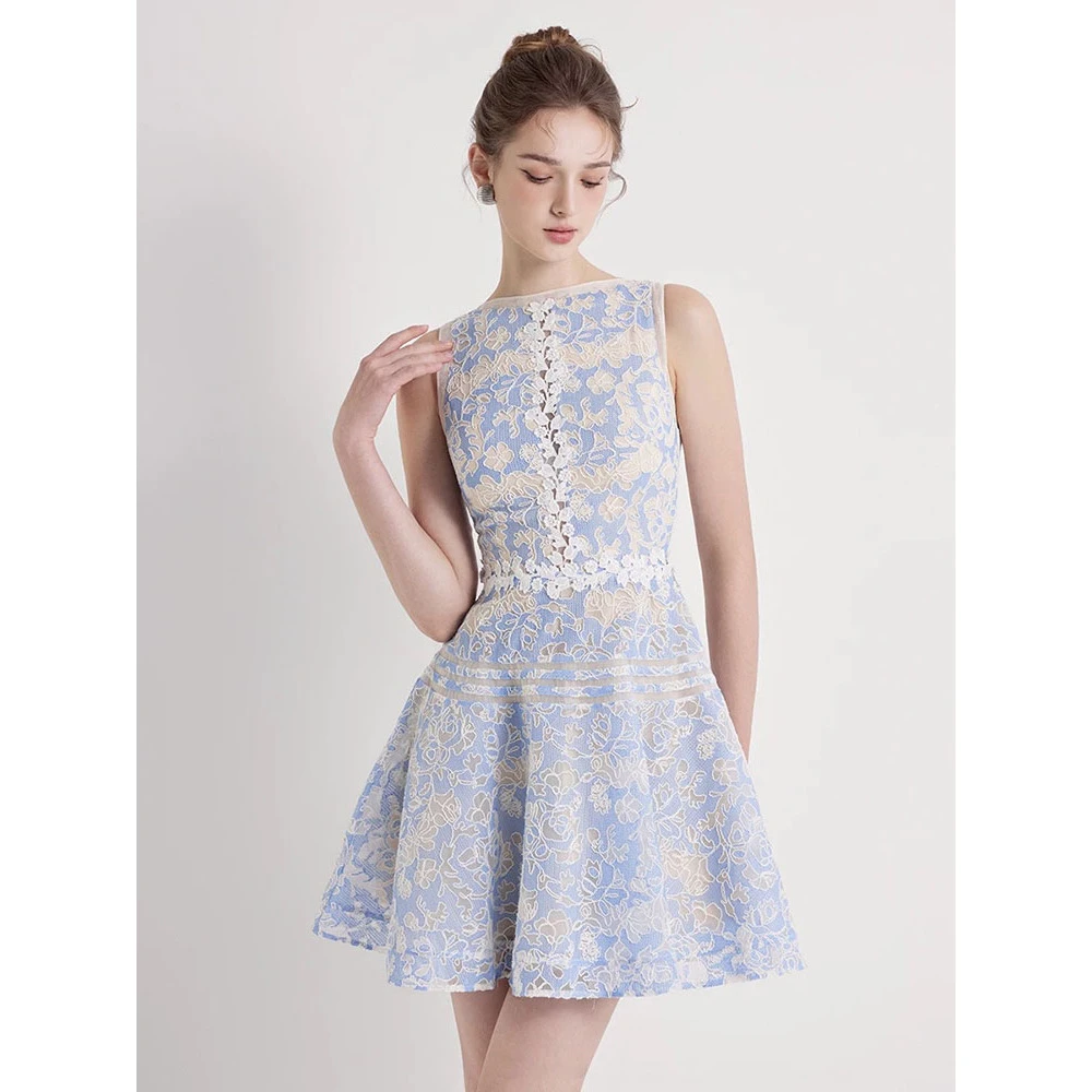 【DÉ MYSTÈRE】小众设计师端庄优雅温柔钩花刺绣无袖连衣裙GSEN5536