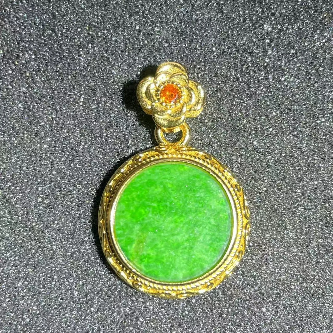 S925天然缅甸A货翡翠满绿花朵圆牌吊坠