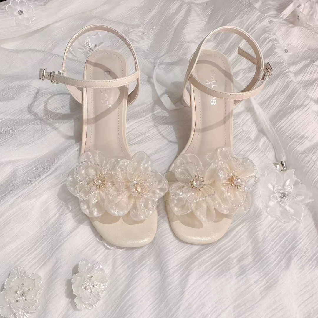 法式水晶粗跟凉拖鞋女夏外穿仙女风花朵一字拖配裙子