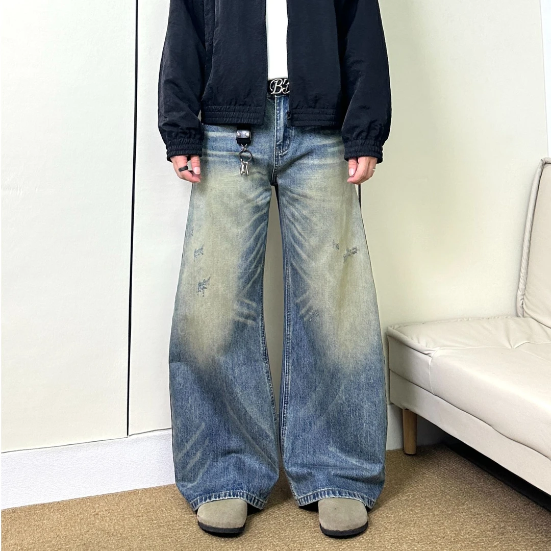 JXGOGLOBAL美式水洗猫须做旧弯刀牛仔裤宽松cleanfit男女垂感裤子