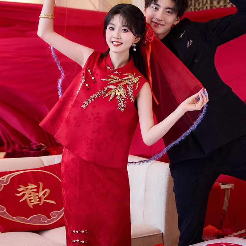 新中式新娘结婚改良旗袍高级感回门红色无袖敬酒服女套装订婚礼服
