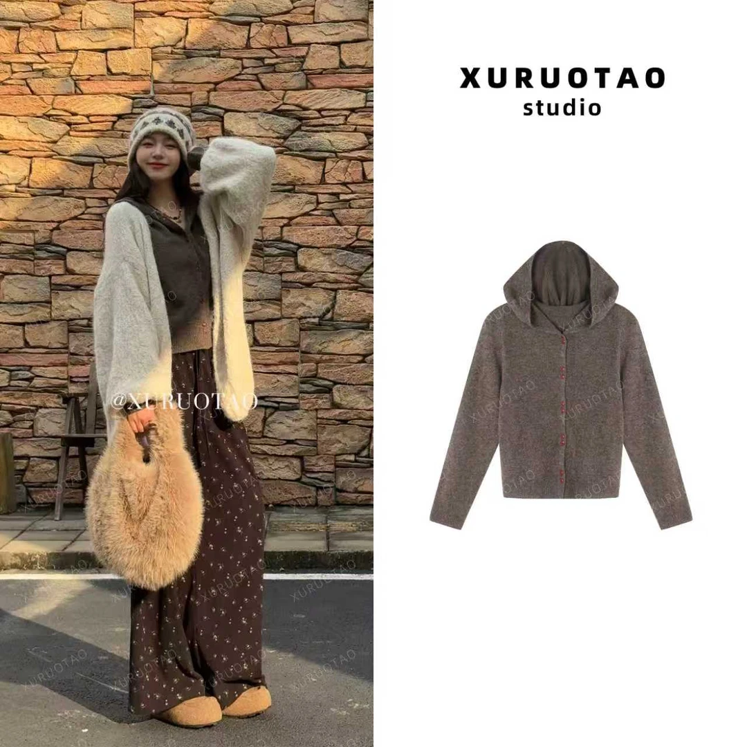 XURUOTAO【卢森堡】100羊毛连帽针织设计感显瘦灰咖色上衣 T5705