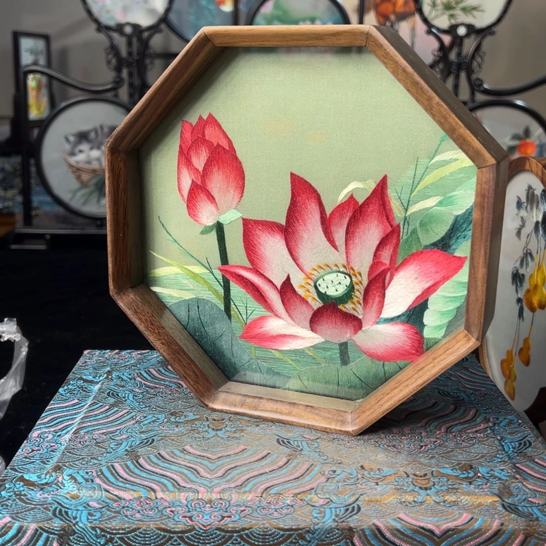 刺绣纯手工刺绣双面绣实木摆件