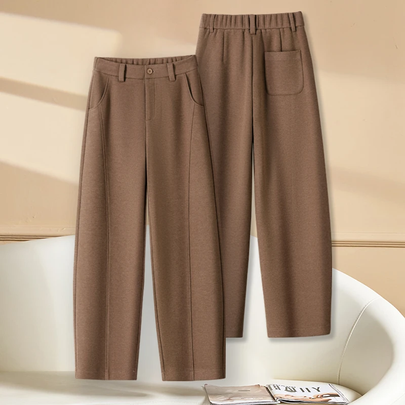 拉夏贝尔高级感羊毛呢弯刀裤女秋冬季2025新款超火加厚保暖镰刀裤