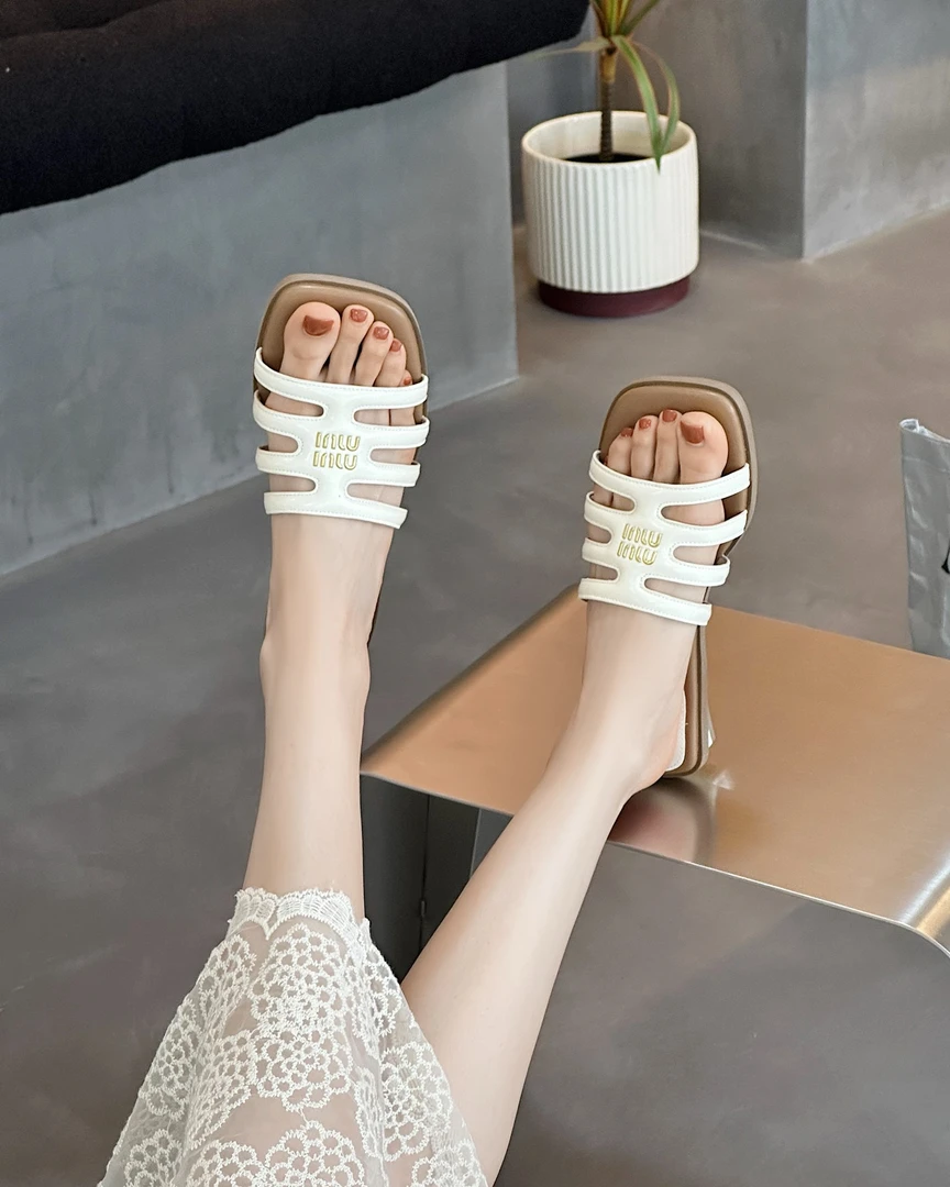 【二叔专属】露趾镂空方头低帮中跟一字带凉鞋仙女风夏季平底390-31