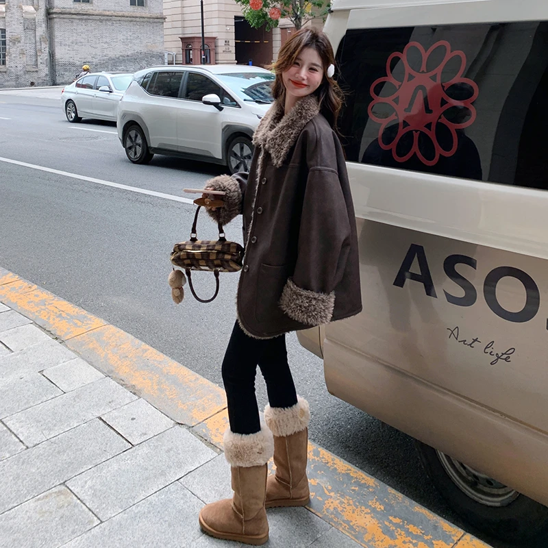 大码女装韩系两面穿皮毛一体外套女装秋冬复古宽松羊羔毛显瘦上衣