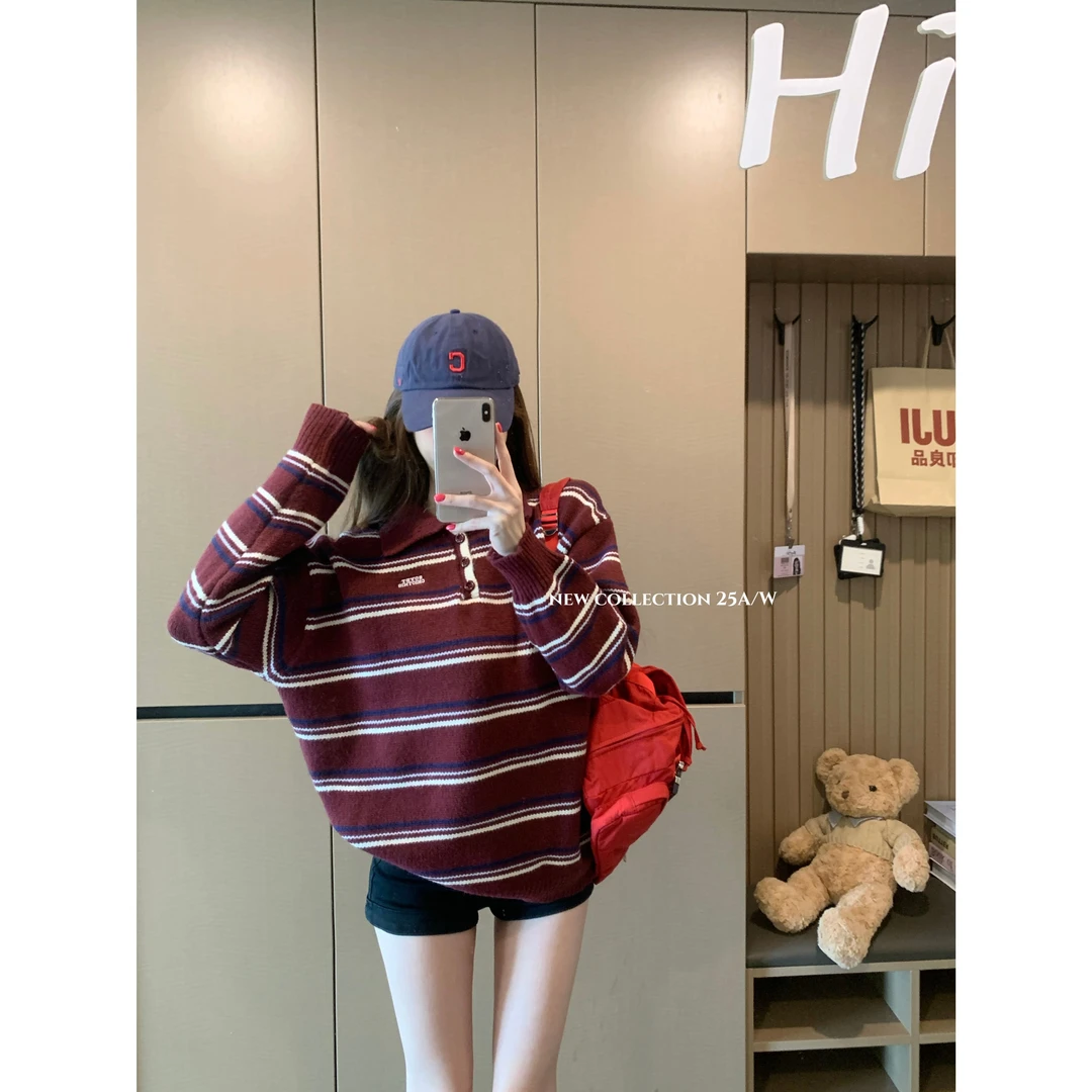 2025秋季新款慵懒风设计感高级感百搭POLO领撞色条纹长袖毛衣女潮