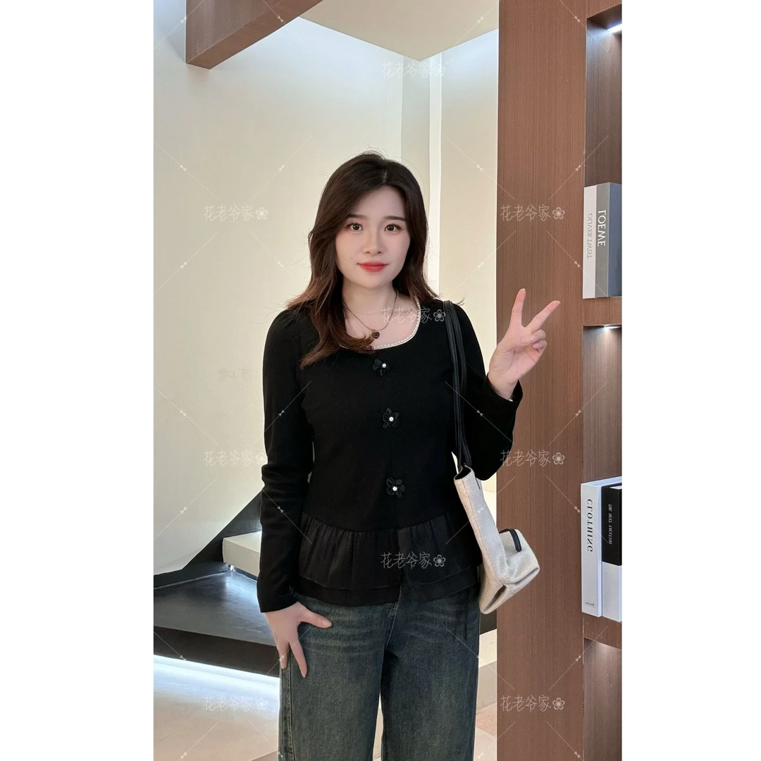 【仅上衣】花老爷微胖新款大码女装立体小花拼接时尚上衣HLY3527