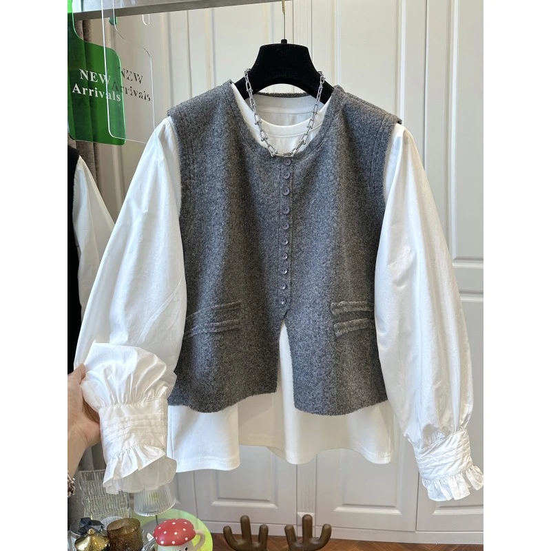 高级感灰色针织马甲开衫长袖衬衫女两件套宽松休闲时尚套装春新款