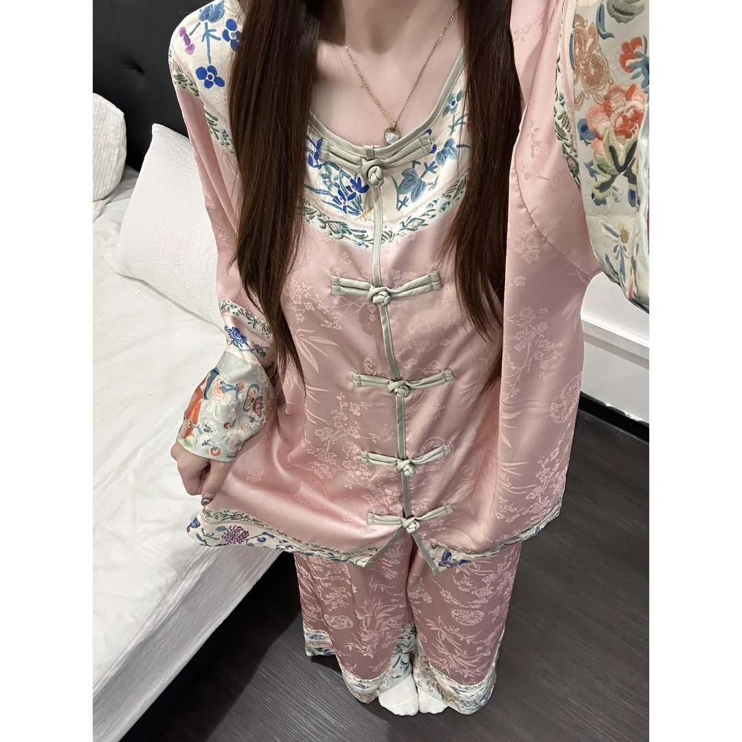 新中式国风盘扣印花睡衣女2025夏季休闲大码长裤家居服套装可外穿