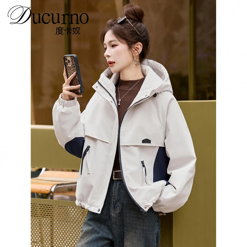 时尚拼色休闲连帽派克服女2025秋冬新款宽松加绒加厚保暖服外套潮