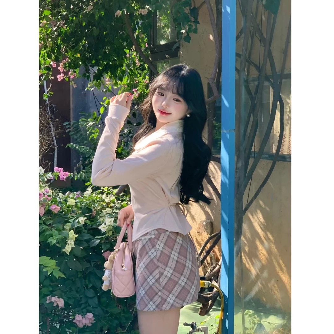 MengFairy现现【冬日来信】粉色格纹呢子短裙a字显瘦毛呢半裙  4114