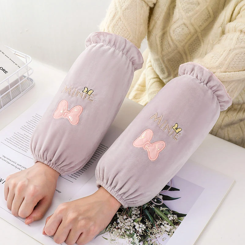 韩版可爱简约新长款绒布保暖防污袖套秋冬成人家务套袖学生护袖头