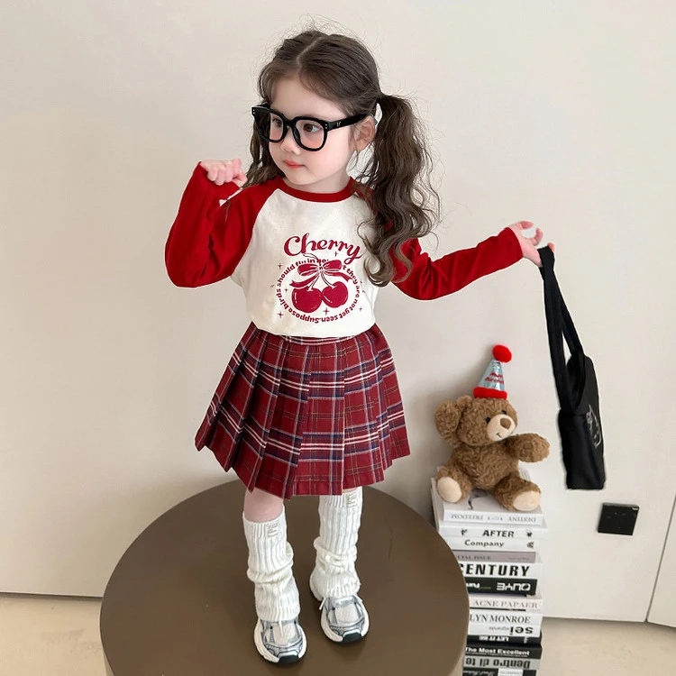 女童长袖套装两件套韩版春秋印花学院风百褶格子洋气休闲jk中小童