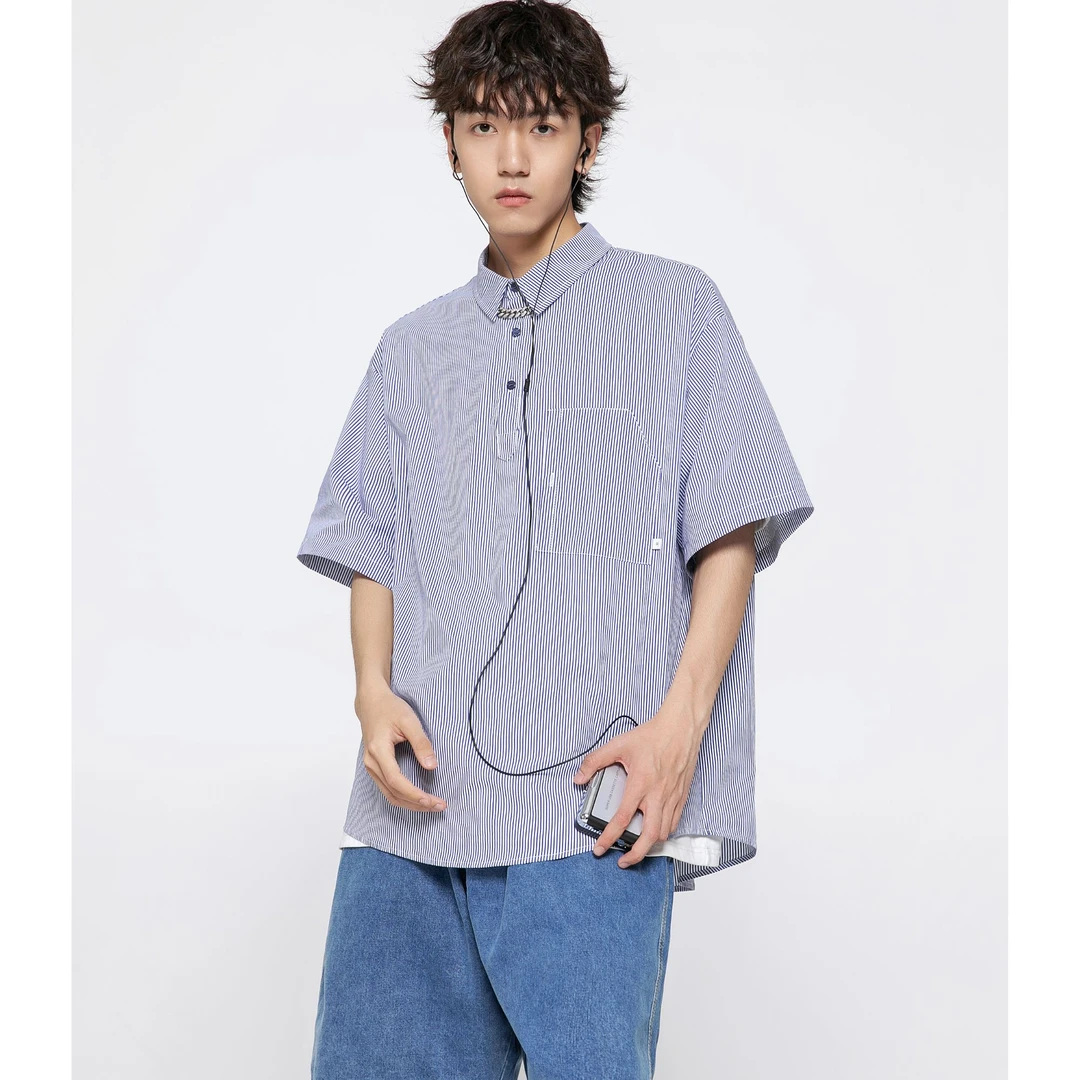 C2655夏季潮牌日系简约情侣百搭设计感条纹短袖衬衫