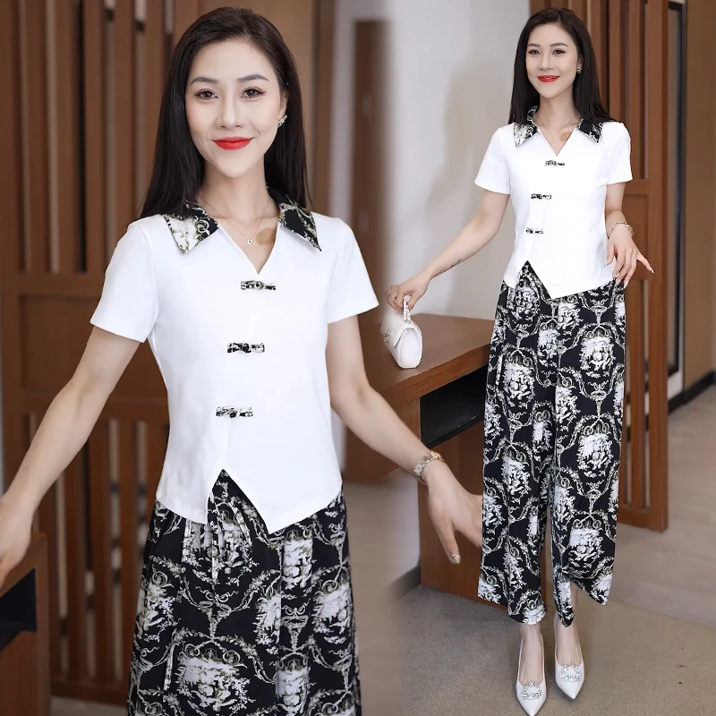 今年流行时尚国风套装女2025新中式夏季洋气减龄短袖阔腿裤两件套