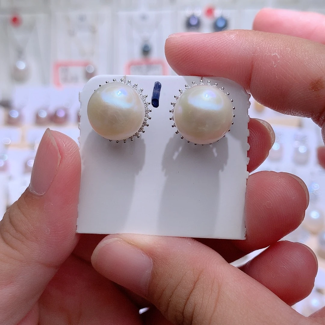 耳饰银S925镶嵌淡水珍珠CC12.3mm